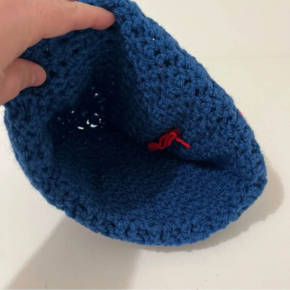 Handmade Blue Red Flower Floral Button Crochet Beanie Hat One Size